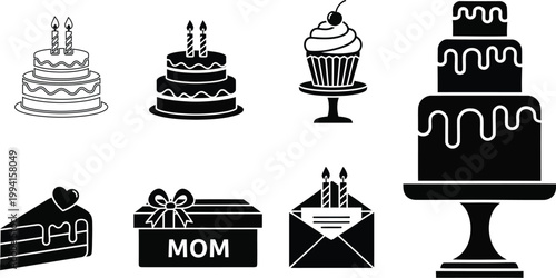 Cakes and gift boxes appear as thematic icons to celebrate motherhood during special family holiday gatherings.