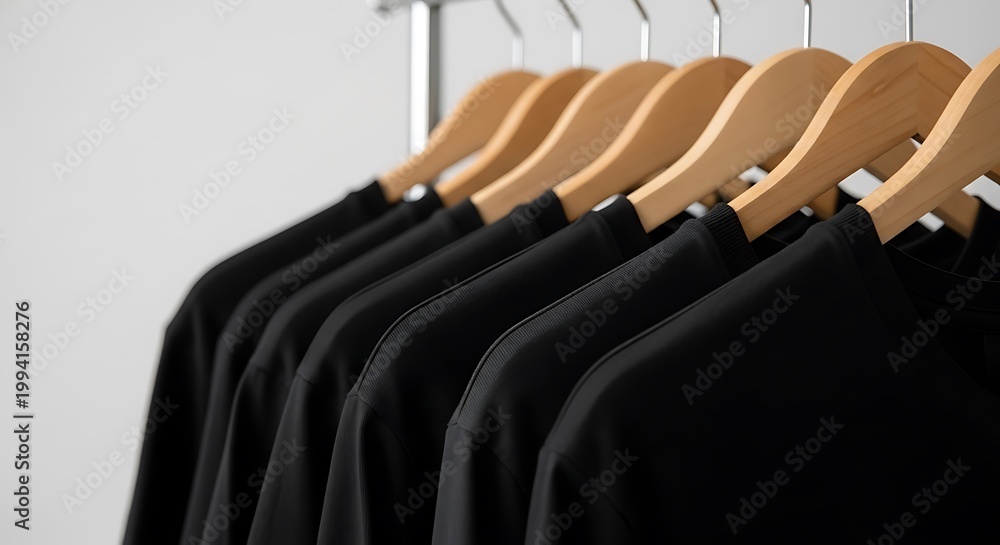 Obraz premium Row of black shirts on hangers.