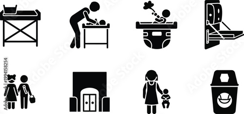 Baby changing station and restroom icons with parent and child figures Keywords: baby changing table, diaper changing station, wall mounted