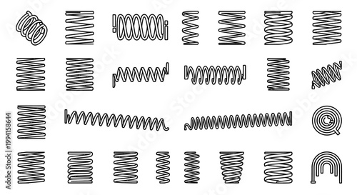 spring coils mechanical springs and metal springs vector icons set illustrating various compression spring designs ideal for engineering.