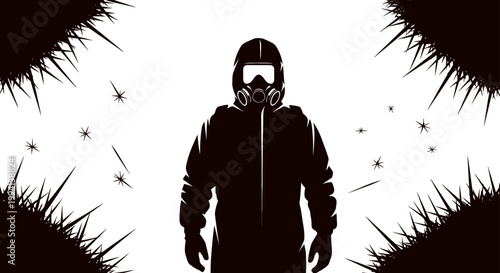 person in a hazmat suit and gas mask stands amidst a viral danger symbolizing a public health emergency and biological hazard.