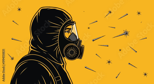 hazmat suit and gas mask protect a person from virus biohazard and environmental hazard during a global pandemic.