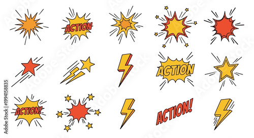 vibrant comic book elements vector set featuring action bursts lightning bolts and shooting stars ideal for dynamic graphic design.