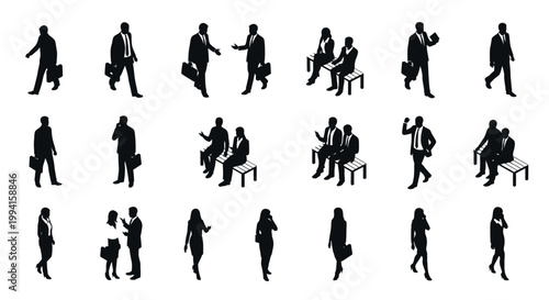 business people silhouettes in different poses isometric view teamwork and communication
