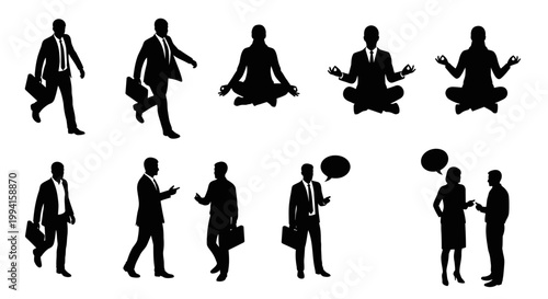 business people silhouettes vector icons showcasing professionals walking meditating and communicating for corporate themes.