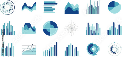Blue business infographic elements, set of 18 data visualization charts and graphs, corporate financial analytics icons for reports and dashboards
