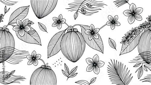 Mangosteen fruit illustration featuring tropical flowers and palm leaves in a seamless black and white line art vector graphic pattern for modern creative surface design