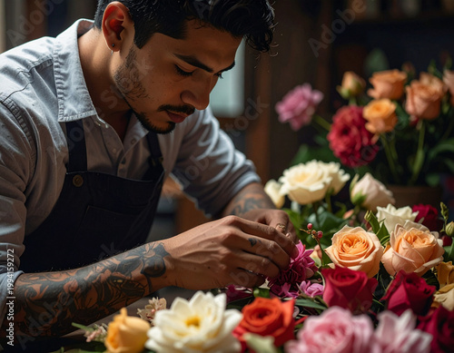 Florist arranging colorful rose bouquet
