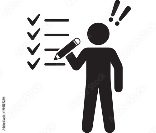 Task Management Icon: Person Holding Pencil with Checklist and Checkmarks