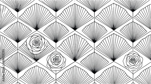Seamless vector graphic pattern illustration featuring art deco fan shapes and delicate rose floral elements in a repeating monochrome design