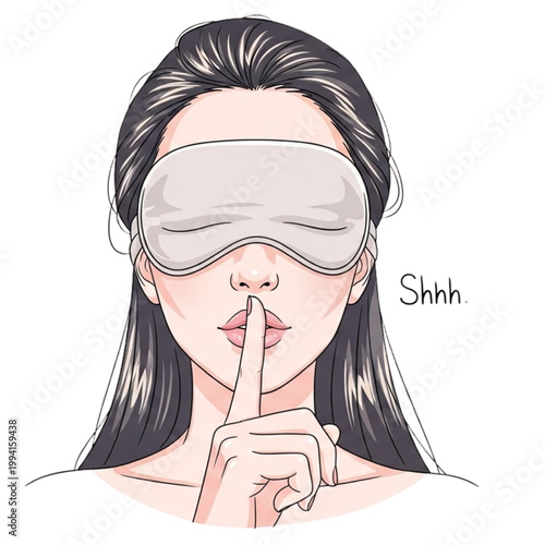 Woman wearing sleep mask and shushing with finger to lips on transparent background PNG