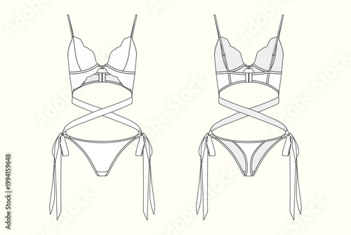 Women's Elegant Lace Panel Cut-Out Wrap Bikini Set Fashion Flat Sketch 
