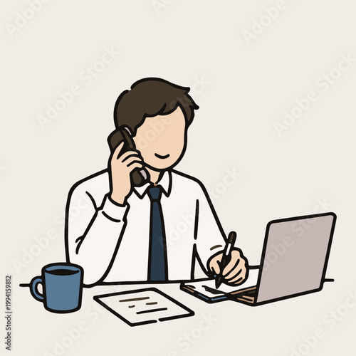 businessman multitasking phone call and laptop work at desk minimal line illustration