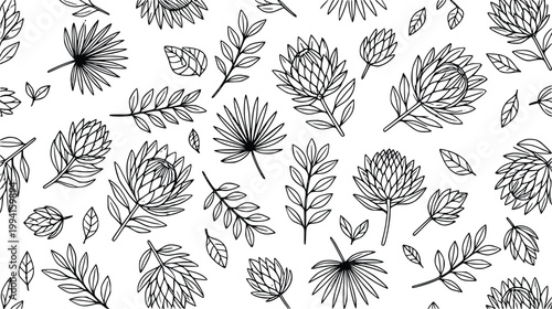 Bild auf Leinwand Botanical seamless pattern with outline protea flowers and tropical palm leaves