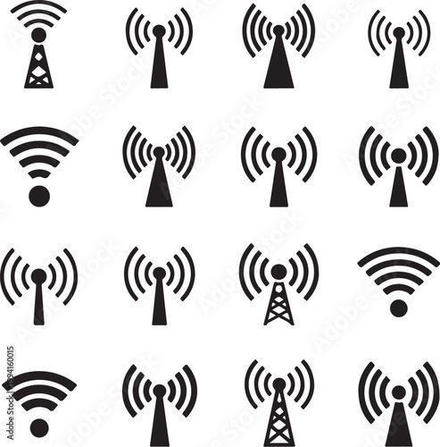 Wireless network icons, communication tower symbols, WiFi signal set, 12 black vector graphics