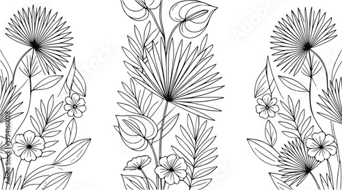 Tropical leaves vector illustration featuring exotic palm foliage and botanical flowers in a minimalist hand drawn line art style for modern creative graphic design projects