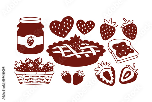 Sweet strawberry fruit collection with jam jar pie and fresh berries.