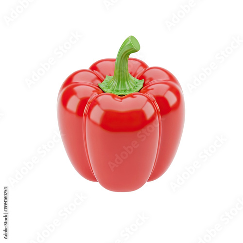 A vibrant and shiny whole red bell pepper isolated on a pure white background.