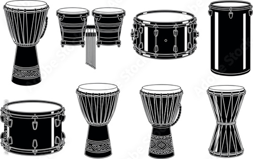 Drum Instrument Silhouette Collection with Djembe, Bongo, Snare and Bass Drums, Percussion Music Set in Black and White Vector Illustration Isolated on White Background