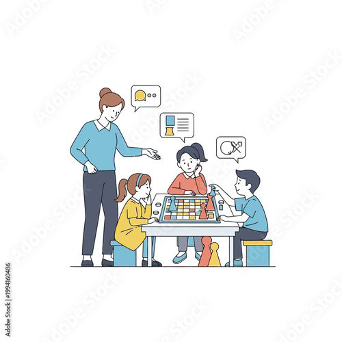 Teacher and students playing chess game.
