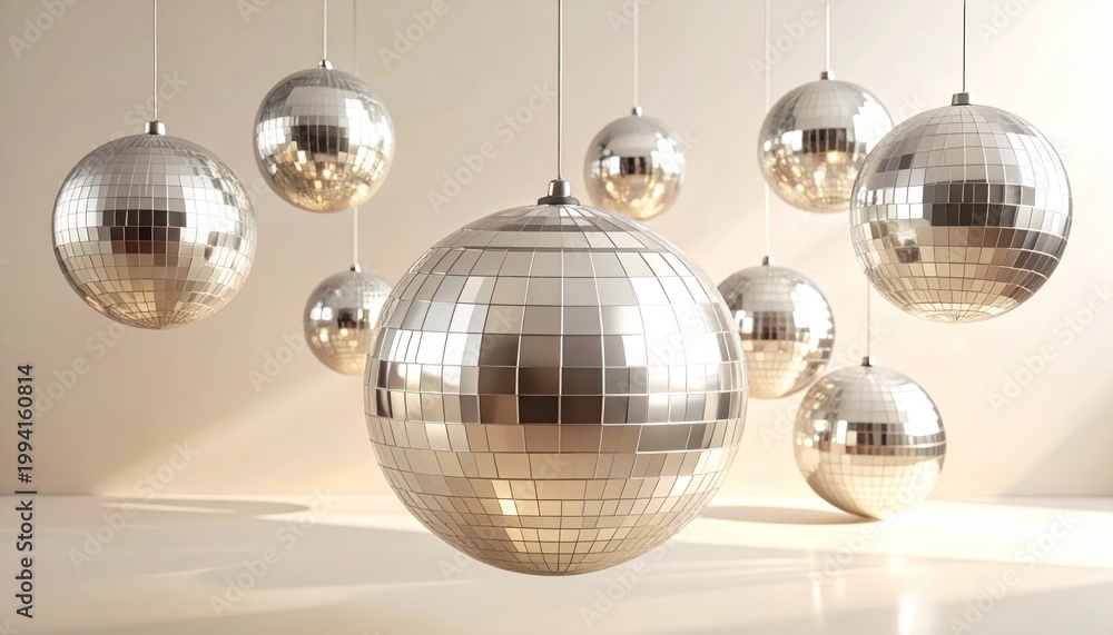 Fototapeta premium Shiny, mirrored spheres suspended against a neutral background