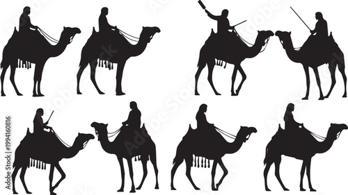 Camel Rider Silhouette Set for Desert Travel and Safari Caravan