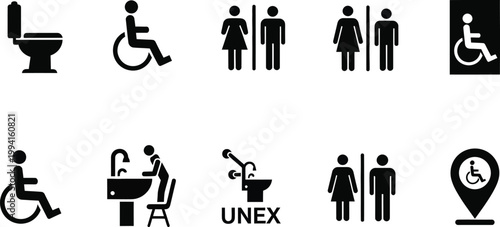 Diverse Black Silhouette Icons for Restroom, Accessibility, and Location Symbols Keywords: restroom icon, toilet icon, wheelchair icon, disabled