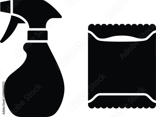 Gardening spray bottle and closed seed packet icon with plant care home garden black and white gardening planting cultivation equipment fertilizer pesticide horticulture outdoors