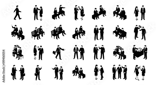 isometric business people vector icon set of black silhouettes in various corporate work situations