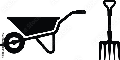 Gardening wheelbarrow and pitchfork icon with garden fork turning soil hay fork yard work black and white gardening wheelbarrow pitchfork equipment transport agriculture horticulture