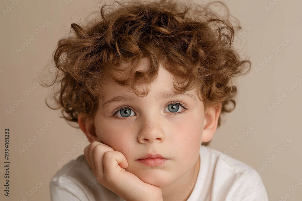 Naklejka premium Close Up Young Boy Curly Brown Hair Blue Eyes Resting Chin on Hand Innocent Portrait Studio Photography