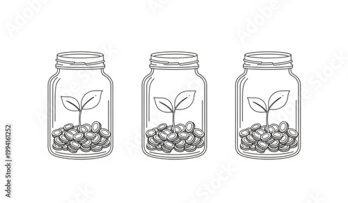Minimal financial growth doodle plant in coin jars black and white line vector illustration isolated on white