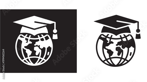 Global Education Icon Globe with Graduation Cap Minimalist Concept