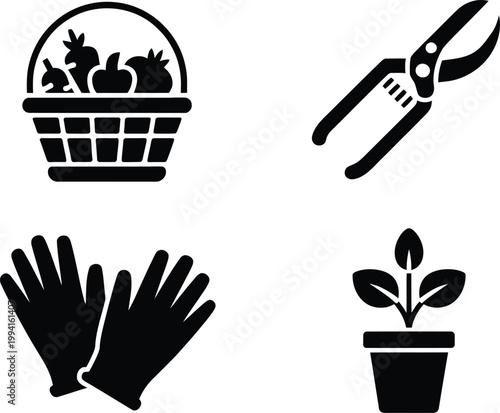 Gardening illustration with a basket of vegetables pruning shears gloves a potted plant black and white gardening vegetables horticulture agriculture illustration monochrome silhouette