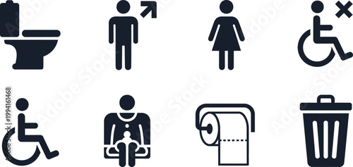 Restroom icons including toilet, disabled access and trash bin Keywords: toilet, WC, restroom, bathroom, washroom, men, women, male, female