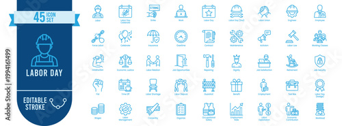 Labor Day Icon Set – 45 Editable Stroke Vector Icons with Worker, Employer, Job Opportunity, Wages, Training, Teamwork, Labor Union, Achievement and Workforce Rights Symbols