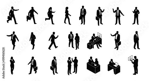 silhouette business people in various poses on white background