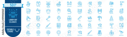Labour Day Celebration Icon Set – 50 Editable Stroke Vector Icons with Worker Rights, Strike, Protest, Job Opportunity, Training, Wages, Trade Union and May Day Celebration Symbols