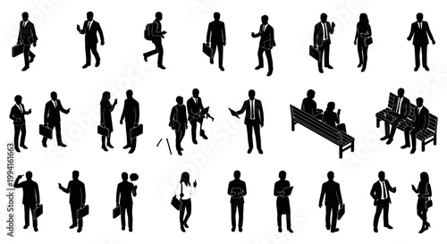 black silhouette isometric vector set depicting business people and corporate professionals in diverse daily activities.