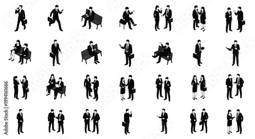 isometric business people collection in black and white silhouettes men and women in various poses and situations