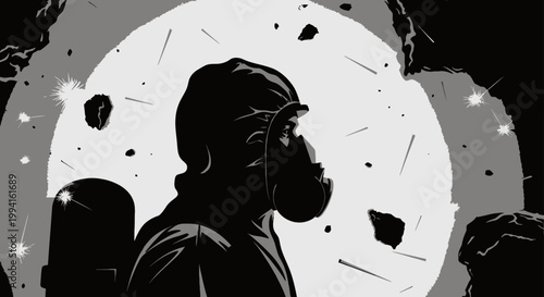 asbestos danger with a miner in a gas mask navigating a hazardous environment during an underground disaster