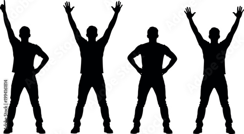Silhouette of a man in various celebratory poses with arms raised up and hands on hips for success and victory.