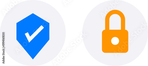Cybersecurity Icons Set Featuring a Blue Shield with Checkmark and Orange Padlock on White Background.