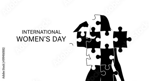 International Womens Day conceptual illustration featuring a female silhouette formed from puzzle pieces.