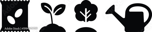 Gardening icons: seed packet sprout sapling watering can with black and white gardening agriculture cultivation horticulture activity equipment illustration botanical vegetable planting