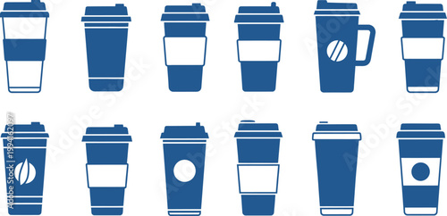 Set of Blue Coffee Cup Icons with White Details takeaway cup disposable cup