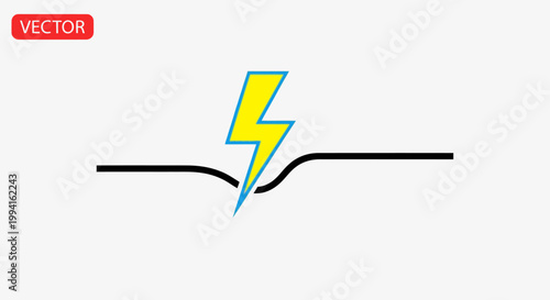 Electrical Shock Hazard Symbol. Vector lightning bolt icon striking a broken power line, representing electric danger, power, or circuit break.