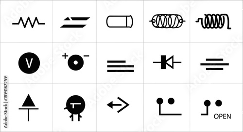 Essential electronic circuit symbols set: resistor, capacitor, inductor, diode, switch. Engineering, electricity, and technology icons.