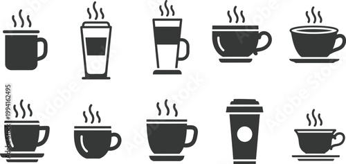 Silhouette icons of hot beverages in cups and to-go containers coffee hot drink