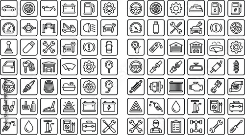 Automotive Service and Car Maintenance Line Icon Set Featuring Repair Tools, Parts, Diagnostics, Garage Equipment, and Vehicle Service Symbols for Auto Industry Design